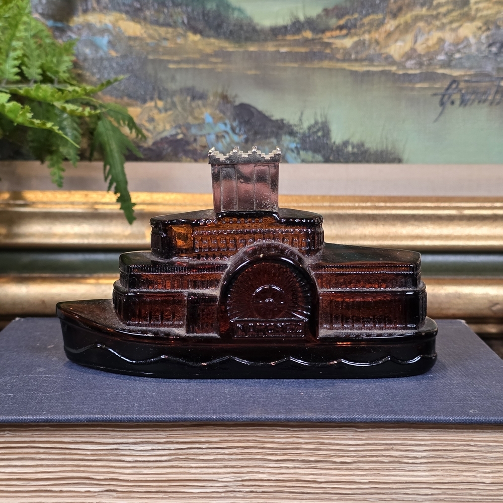 Vintage 70s Avon "Natchez" Riverboat Paddle Steamer Amber Glass Decanter
